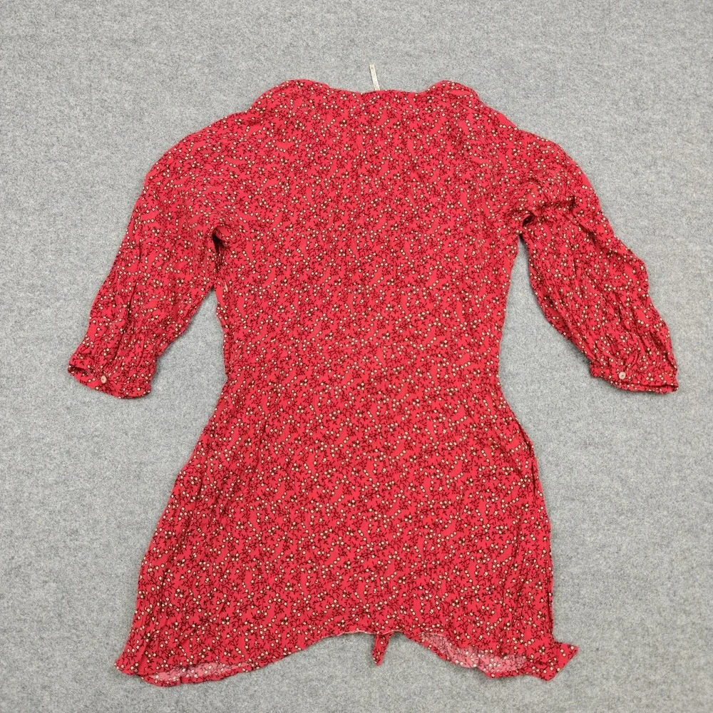 Free People Dress Womens Large Red‎ Floral Wrap Ruffle Mini V Neck Puff Sleeve